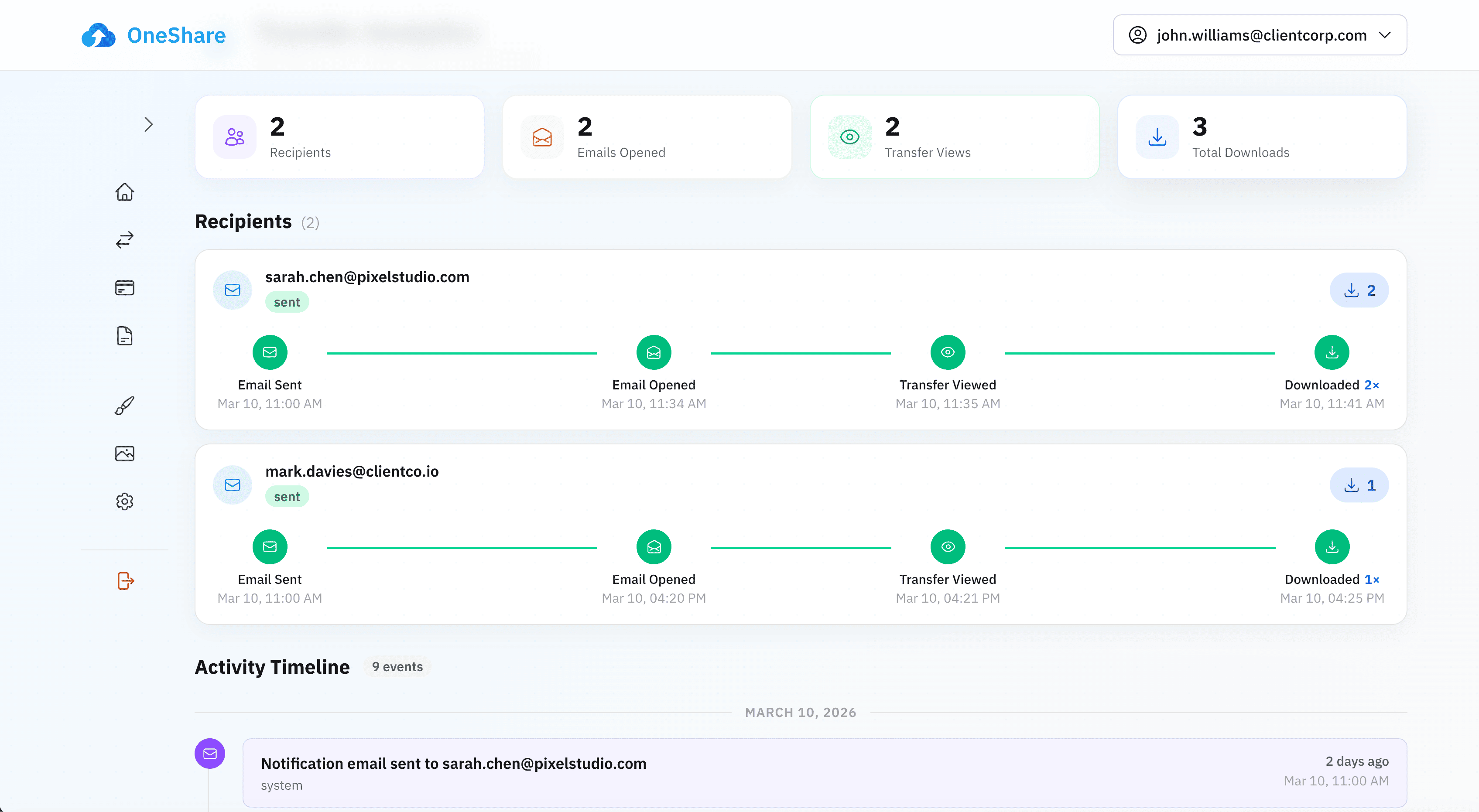 Transfer dashboard — track when clients open and download